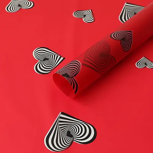 Red Waterproof Flower Wrapping Paper with Black and White Striped Heart Patterns