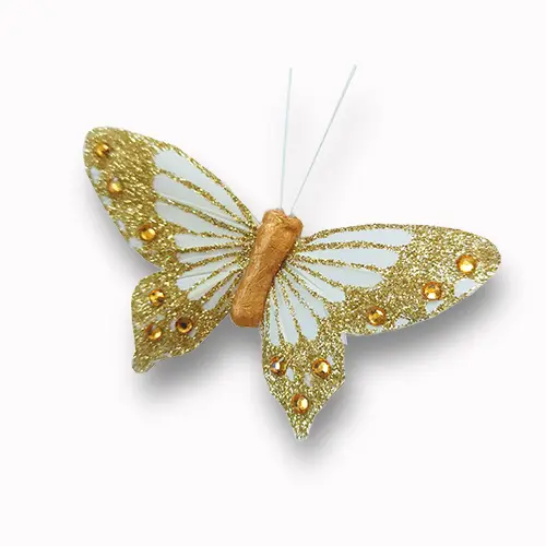 3.75 Inches Golden Decoration Butterflies with Glitter and Rhinestone Pack of 12 pcs