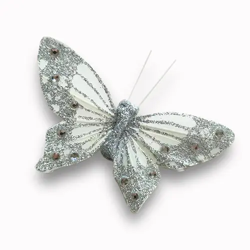 3.75 Inches Silver Decoration Butterflies with Glitter and Rhinestone Pack of 12 pcs