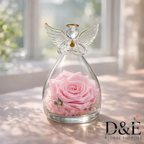 Pink preserved rose displayed inside an angel glass bottle
