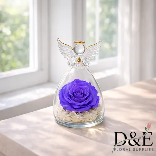 Purple Preserved Rose Angel Glass Bottle – Elegant Valentine’s Gift | D&E Floral Supplies