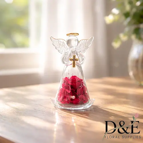 Mini Angel Eternity Red Rose Mini red preserved roses displayed inside an angel glass bottle