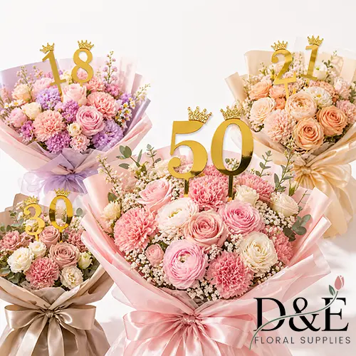 Large Gold Mirror Acrylic Number Floral Topper with Crown Sticker – 7.25 Inch Birthday Bouquet Pick