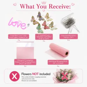 Pink floral wrapping combo set contents – LED love light, butterflies, pearl pins, wrapping paper and mesh, flowers not included