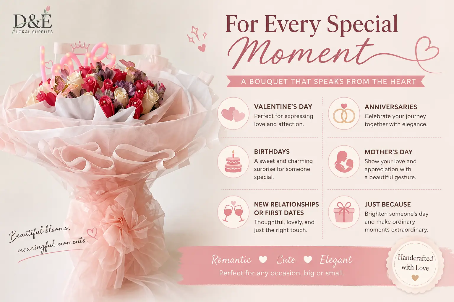 Blush Pink Romantic Bouquet – Elegant Floral Gift for Every Special Moment Romantic pink bouquet with roses and heart accents wrapped in soft blush waterproof tissue paper